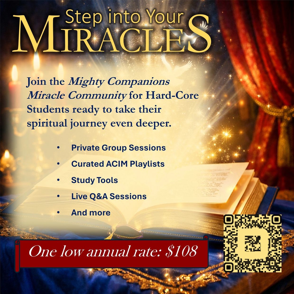 Promotional visual with doves, candles, book, and curtains in royal blue, red and gold.