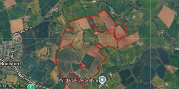 Aerial view of fields outlined in red near Wild Park, Derbyshire.