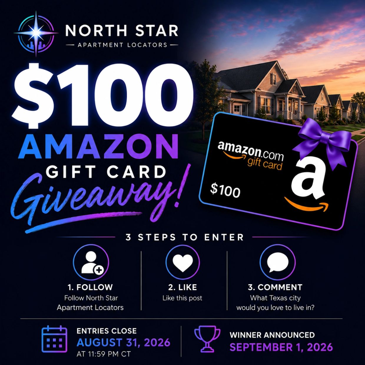 $100 Amazon gift card giveaway by North Star Apartment Locators.