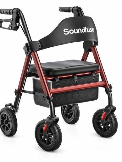 Compact and sturdy Soundfuse mobility walker with seat and storage.