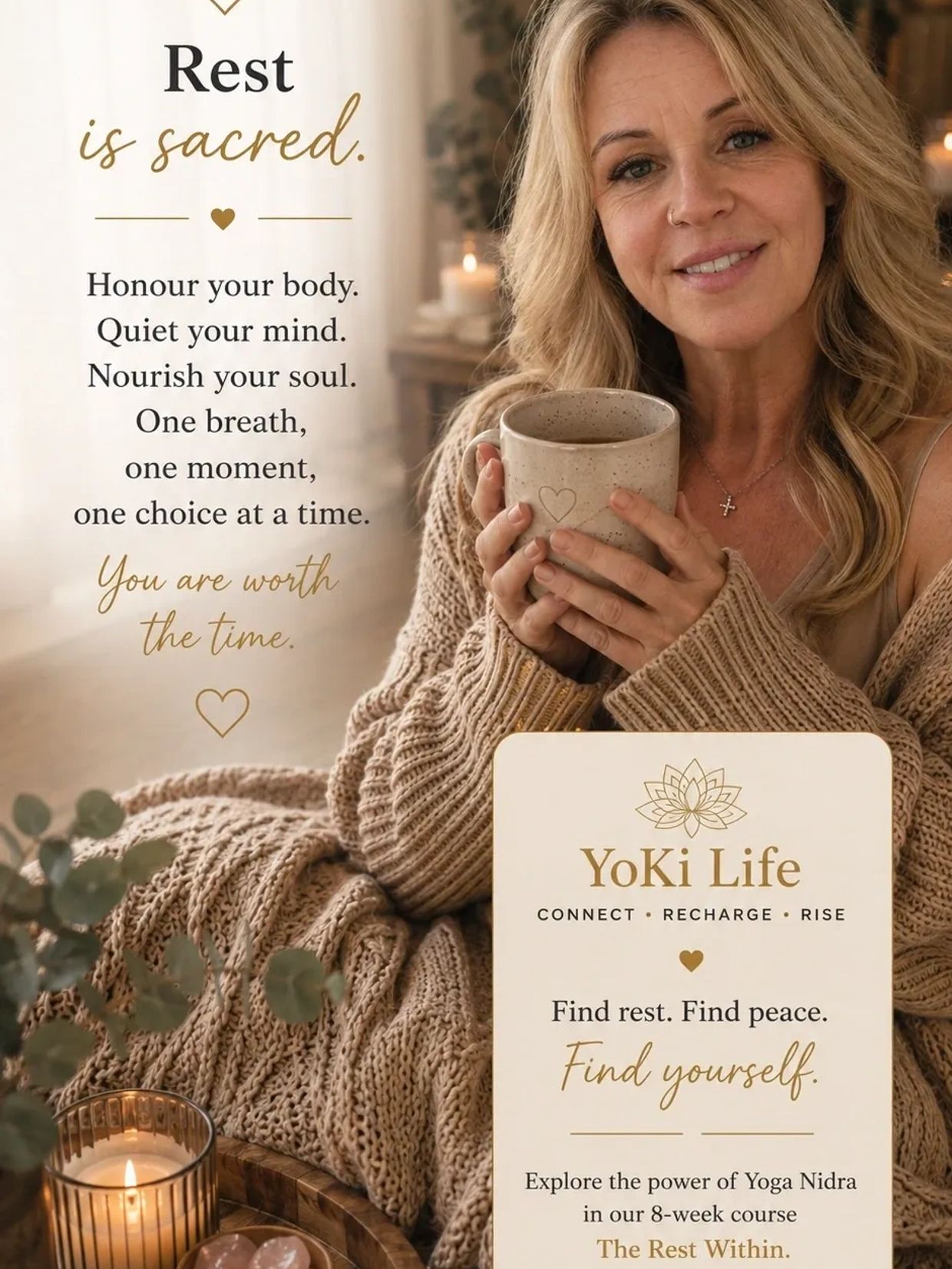 Woman in cozy sweater holding a mug with a calming message about rest.