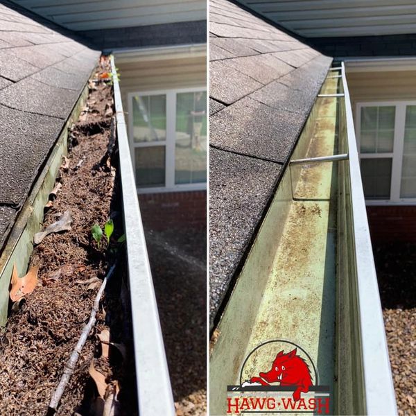 Full and dirty gutter before and after cleaning