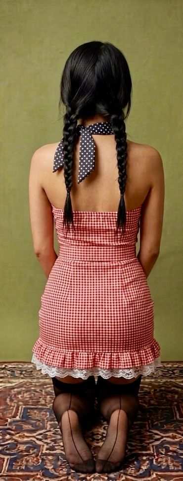 Cosplay model in pinup gear from behind