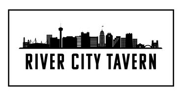 Black and white city skyline logo with River City Tavern text.