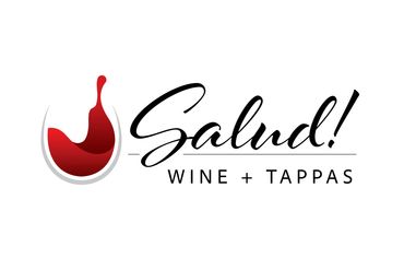 Logo for Salud! Wine + Tappas with a wine splash graphic.