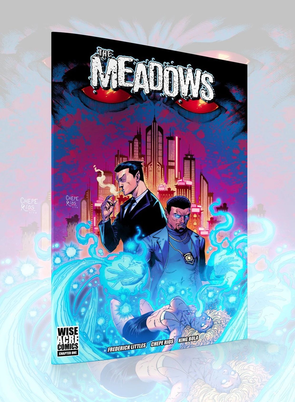 Comic book cover of 'The Meadows' featuring two men and a glowing woman with a city backdrop.