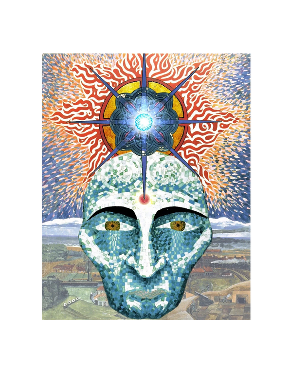 Blue head and sunburst mandala from Jung's Red Book, symbolizing the psychological goal of coaching.