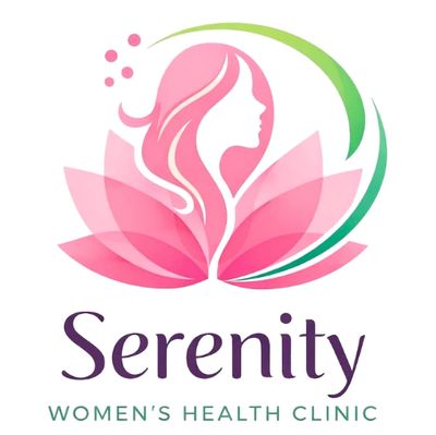 Logo of Serenity Women's Health Clinic with a woman's silhouette and pink lotus petals.