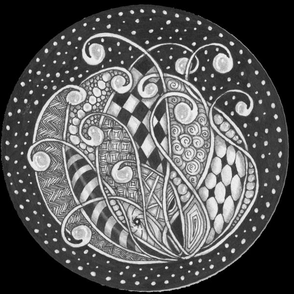 Black and white abstract doodle with swirling patterns inside a circle.