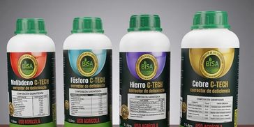 Four agricultural nutrient correction bottles lined up against a grey background.