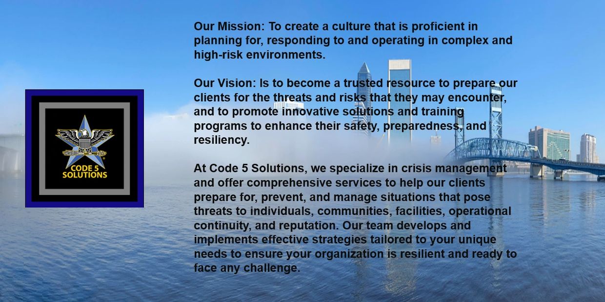 Code 5 Solutions mission and vision with city skyline and bridge background.
