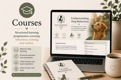 Online dog behaviour course with workbook and coffee.