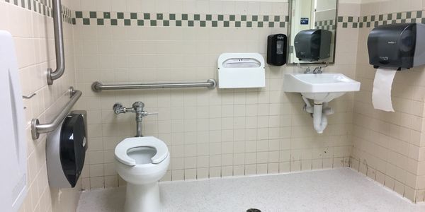 Restroom bathroom receptacles and disposals, VCT tile replacement, paper towel dispenser, grab bars