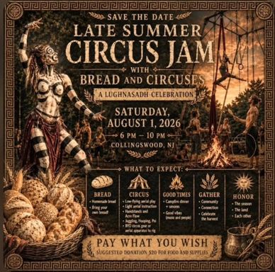 Poster for Late Summer Circus Jam event on August 1, 2026, in Collingswood, NJ.
