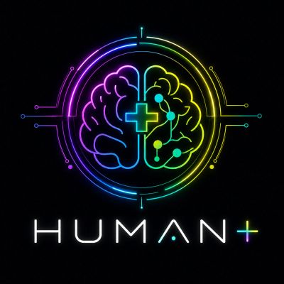 Neon brain icon with digital circuits and 'HUMAN+' text.