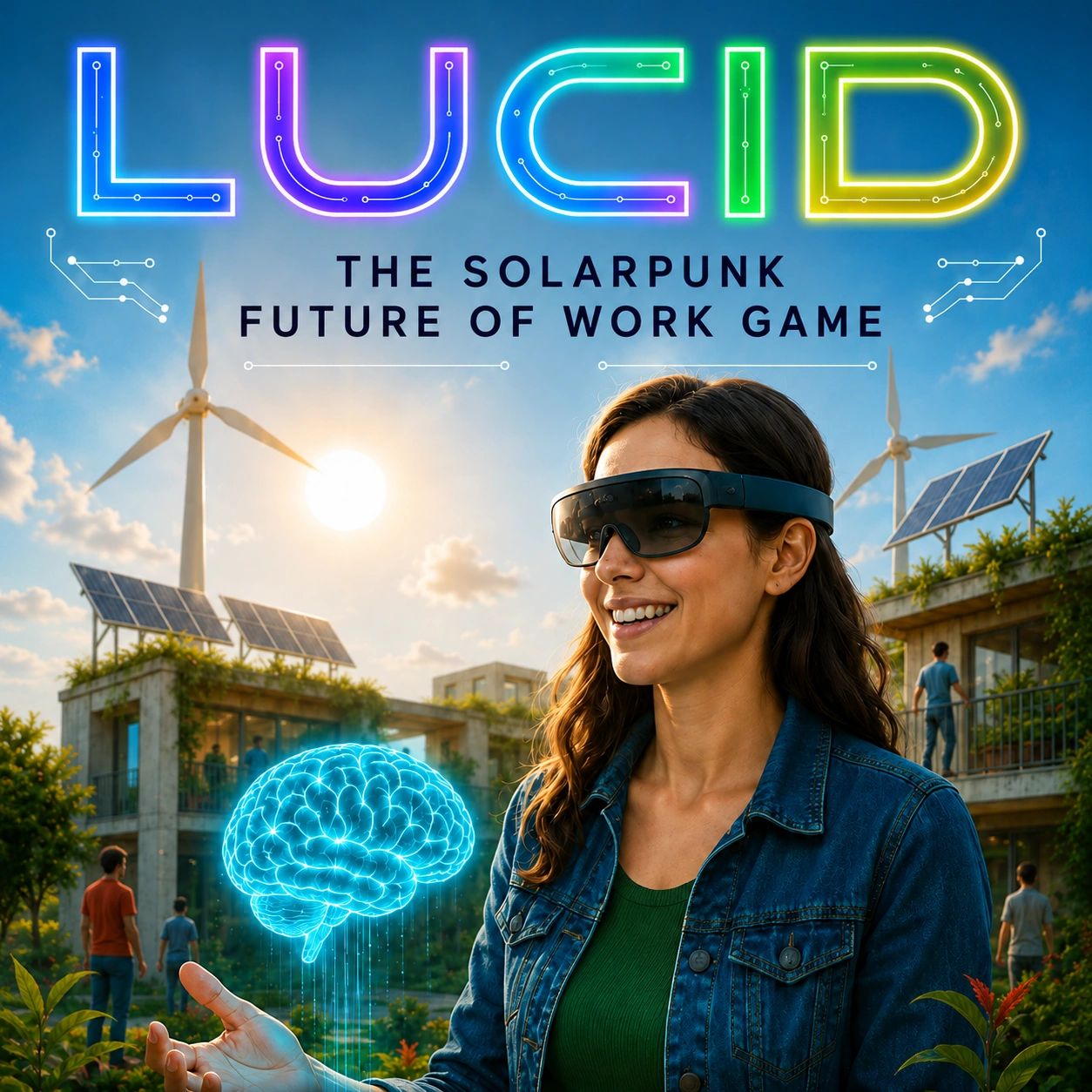 Woman using AR in a sustainable solarpunk environment.