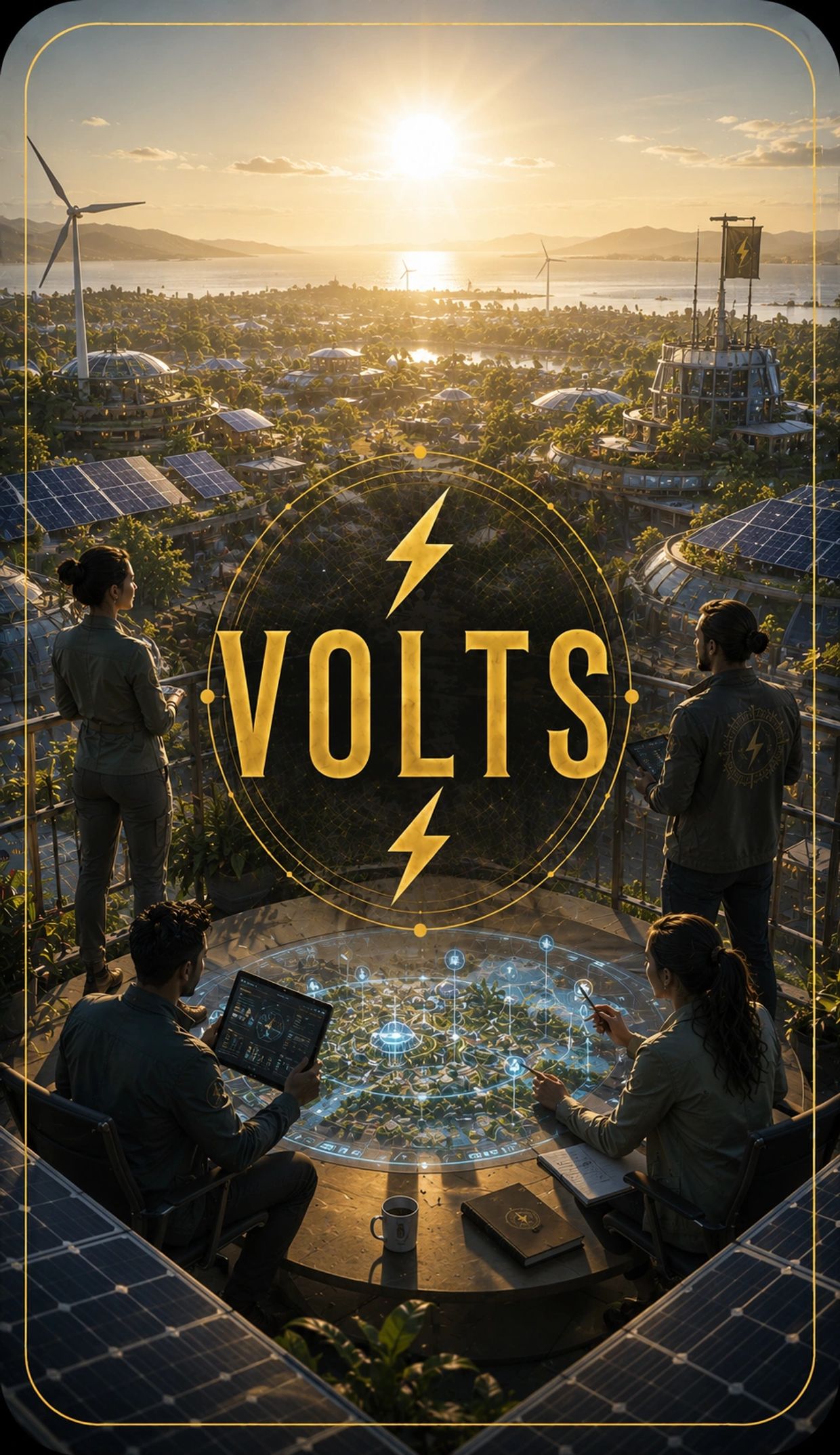 Futuristic solar-powered city with people planning energy solutions.