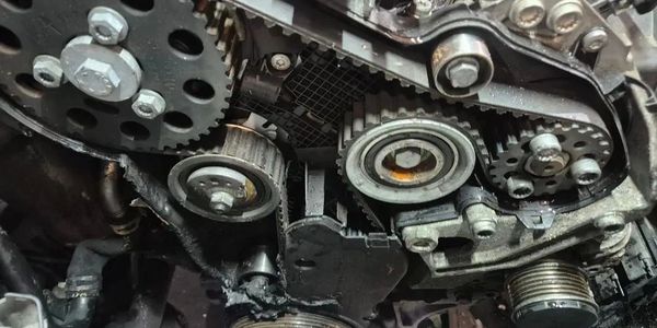 Close-up of a car engine's timing belt and pulleys.