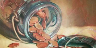 Image of Sondra Carr's painting of a jar of spilled pennies