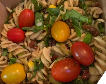 Artichoke "Pasta" Salad. Brown rice pasta.