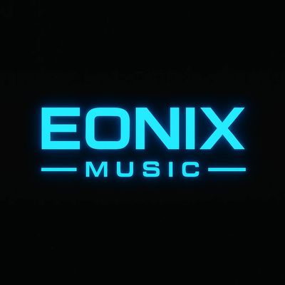 Bright blue neon text displaying 'EONIX MUSIC' on a dark background.