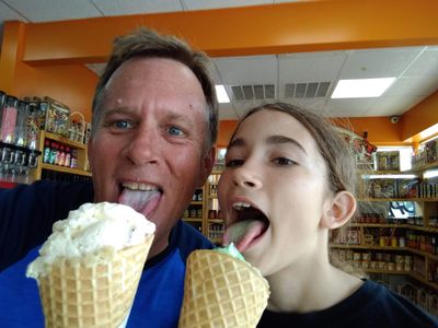 Daughter and I eating icecream.