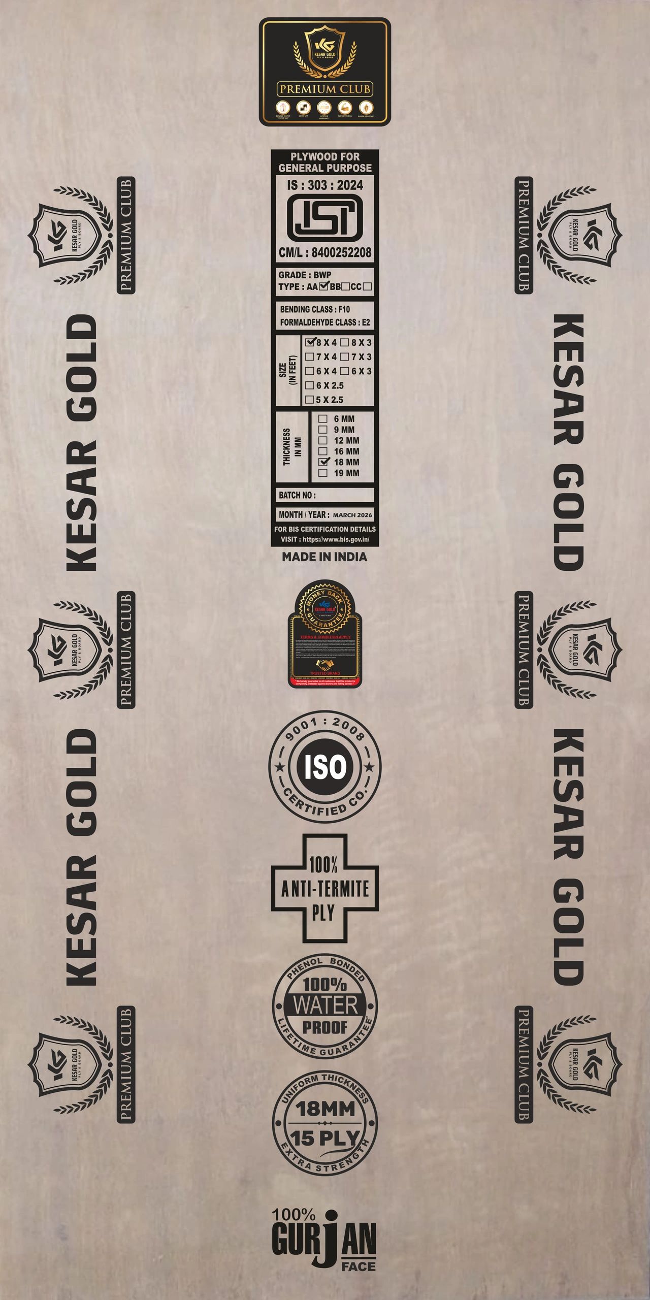 Kesar Gold plywood label with specifications and certification marks.