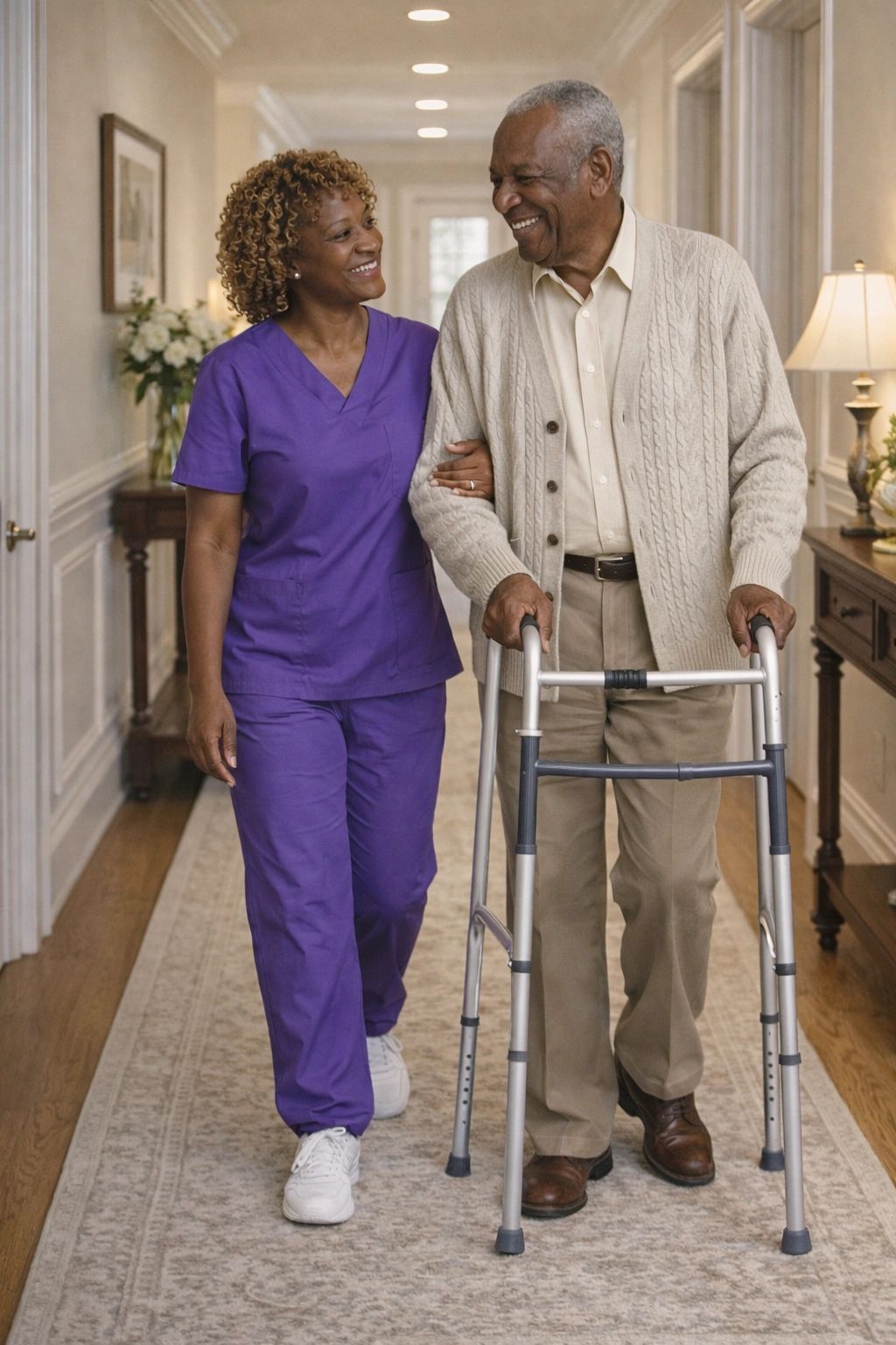 Caregiver in purple scrubs assisting elderly man with walker indoors.