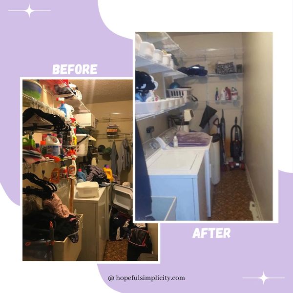 Side by side image of cluttered laundry room to organized.  
