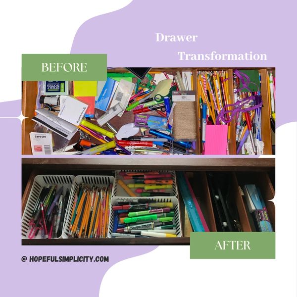 Side by side image of cluttered office supply drawer to organized space.