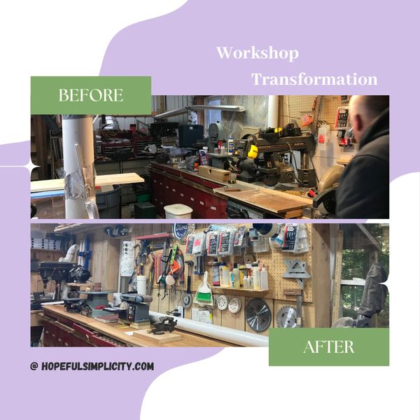 Side by side image of cluttered work bench and organized work space and walls. 