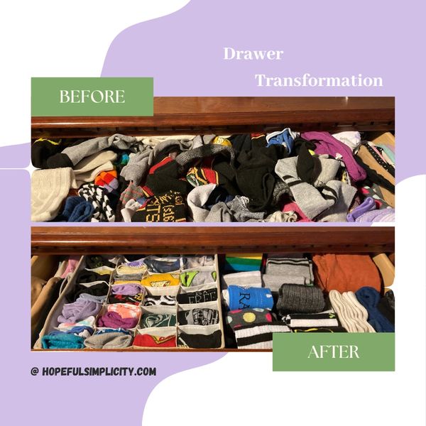 Side by side image of  a messy sock drawer and organized/sorted socks.   