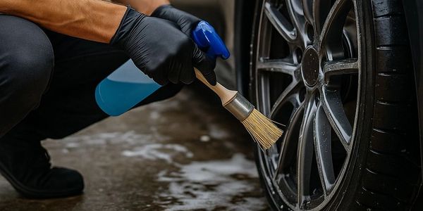 Person cleaning car tire with a brush and spray bottle.