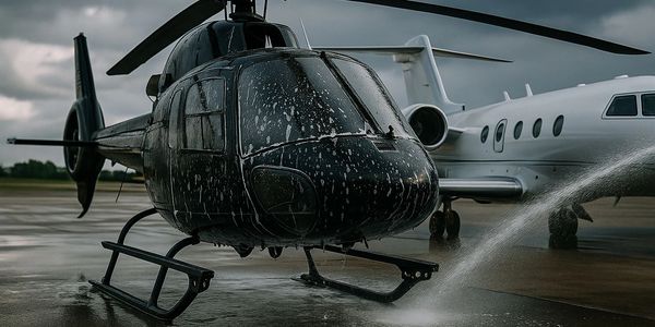 Black helicopter being washed on a wet runway beside a private jet under a cloudy sky.
