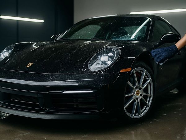 A black Porsche sports car being polished indoors.