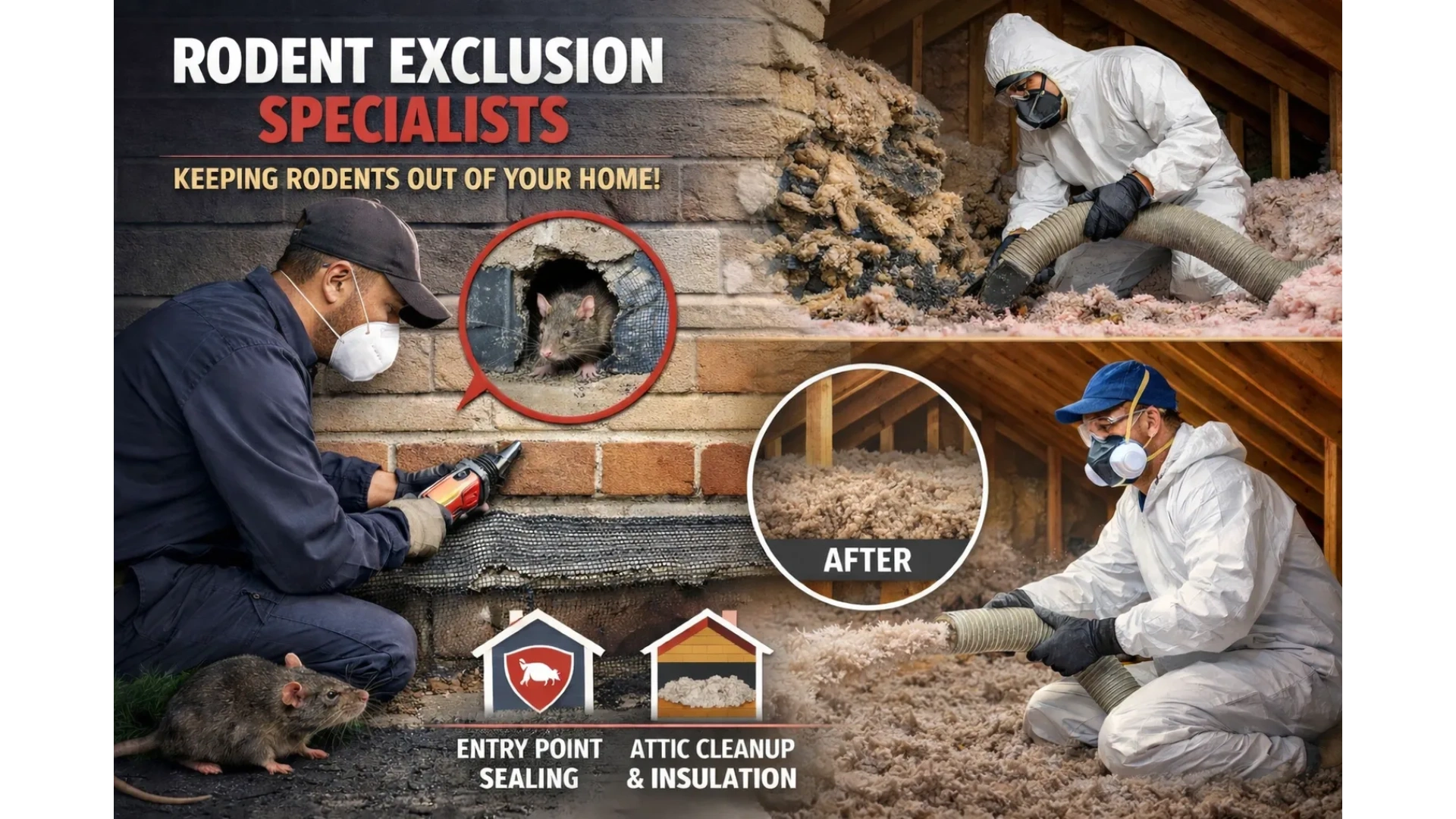Rodent exclusion specialists sealing entry points and cleaning attic insulation.