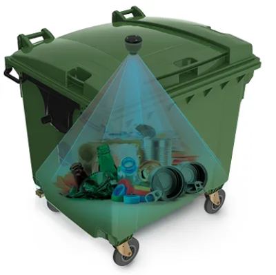 Green garbage bin with a sensor scanning the trash inside.