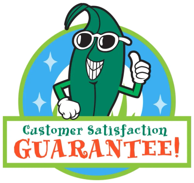 Cartoon chili pepper with sunglasses and thumbs up guarantees customer satisfaction.