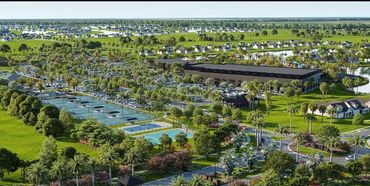 Daytime aerial rendering of the Kingston amenity campus with tennis and pickleball courts, pool, and
