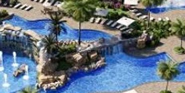 Aerial rendering of the Kingston resort-style pool with waterslides and lazy river