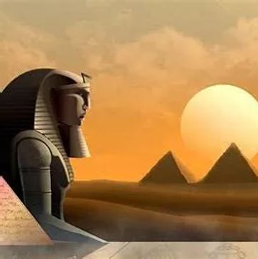 Digital art of Egyptian pyramids and a pharaoh statue at sunset.