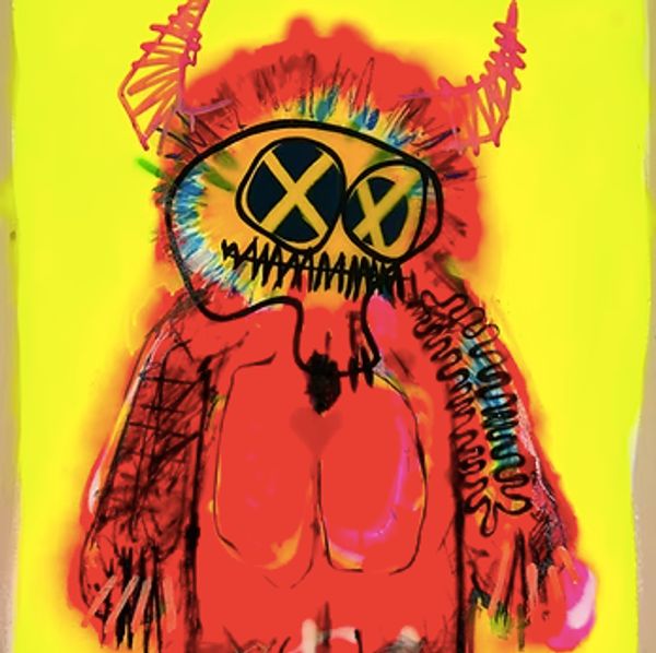 Abstract devilish figure with vibrant colors on yellow background.