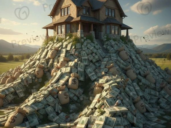 House on a mountain of money and cash bags.