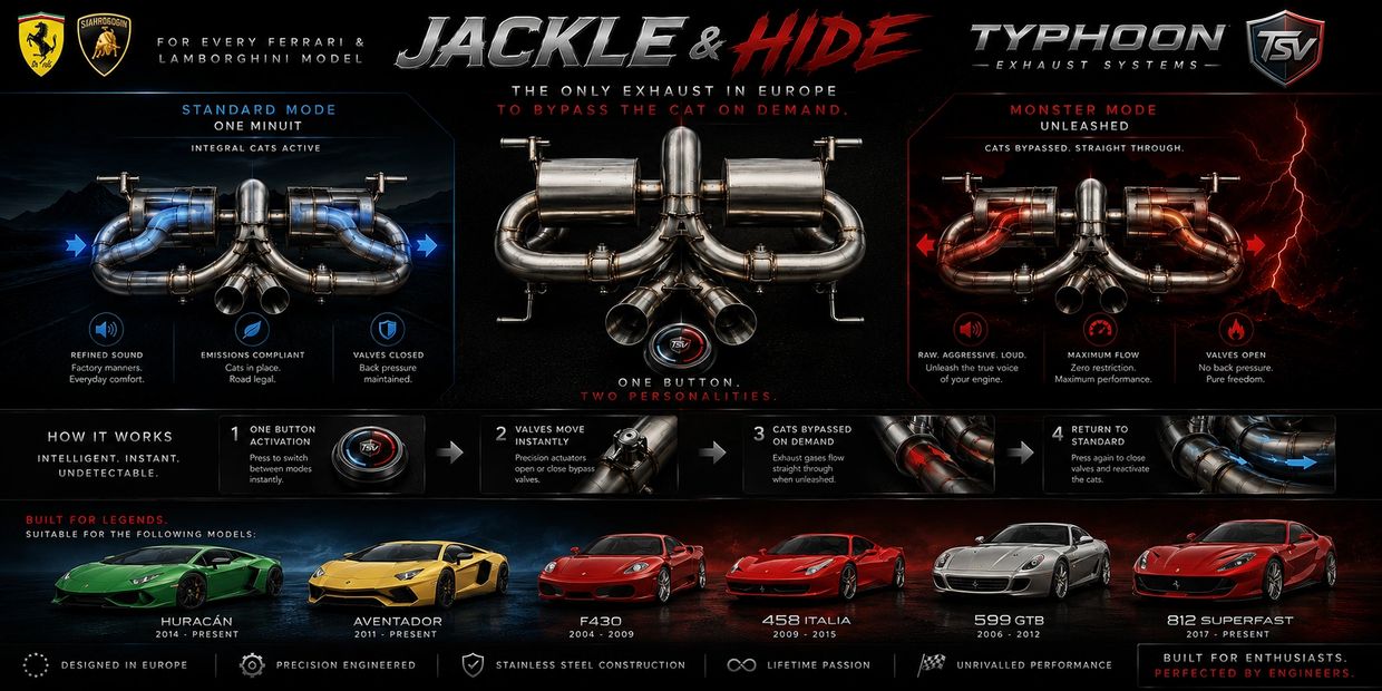 Jackle & Hide exhaust system for Ferrari and Lamborghini with two modes: Standard and Monster.