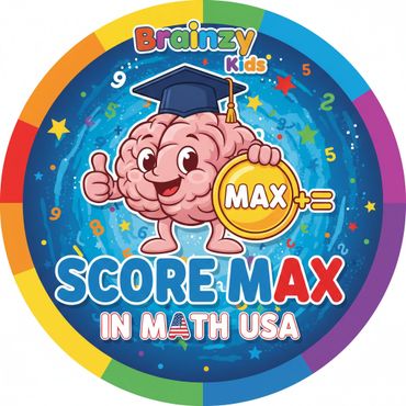 Cartoon brain with graduation cap promoting math skills for kids.