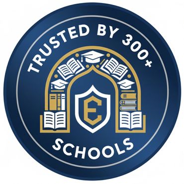 Emblem stating 'Trusted by 300+ Schools' with books and graduation caps.