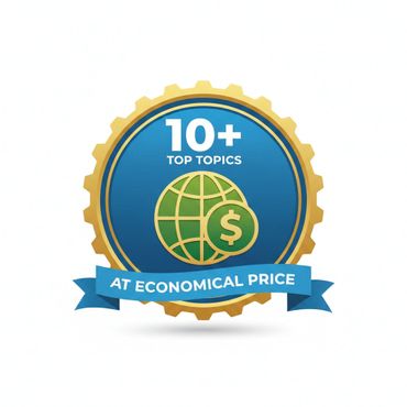 Badge highlighting 10+ top topics offered at economical prices.
