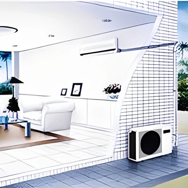 An indoor view of a living space with a wall-mounted duct-free mini-split unit.