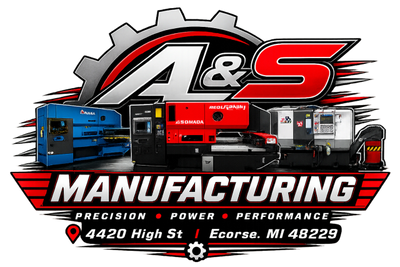 A&S Manufacturing logo with industrial machines and address in Ecorse, MI.