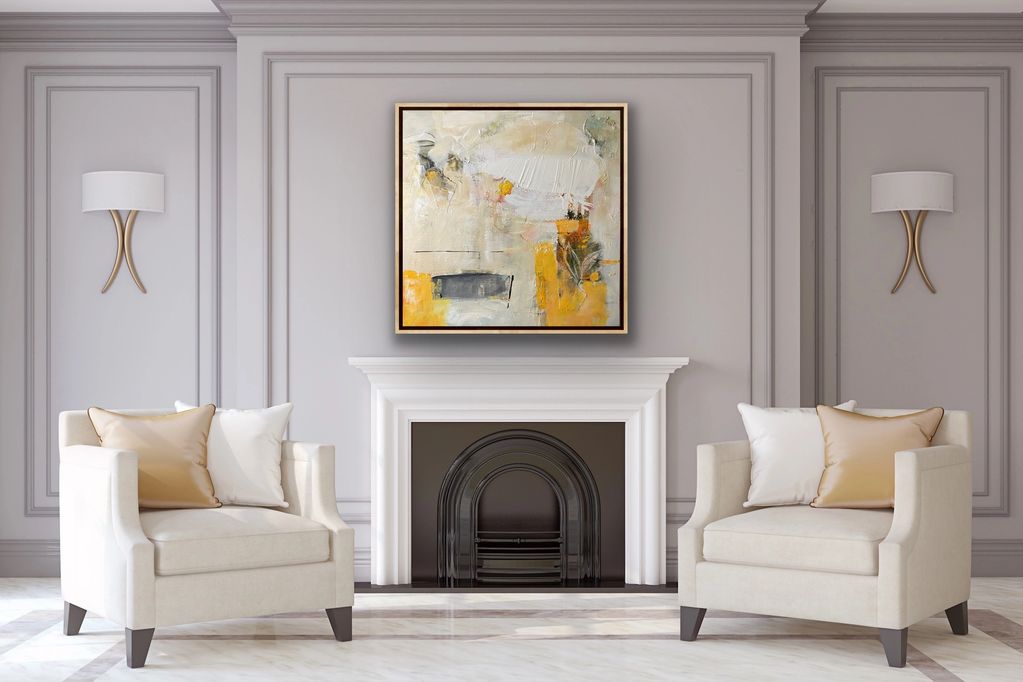 "Sunny" Lots of textures and applications of fabric, paper and gesso.